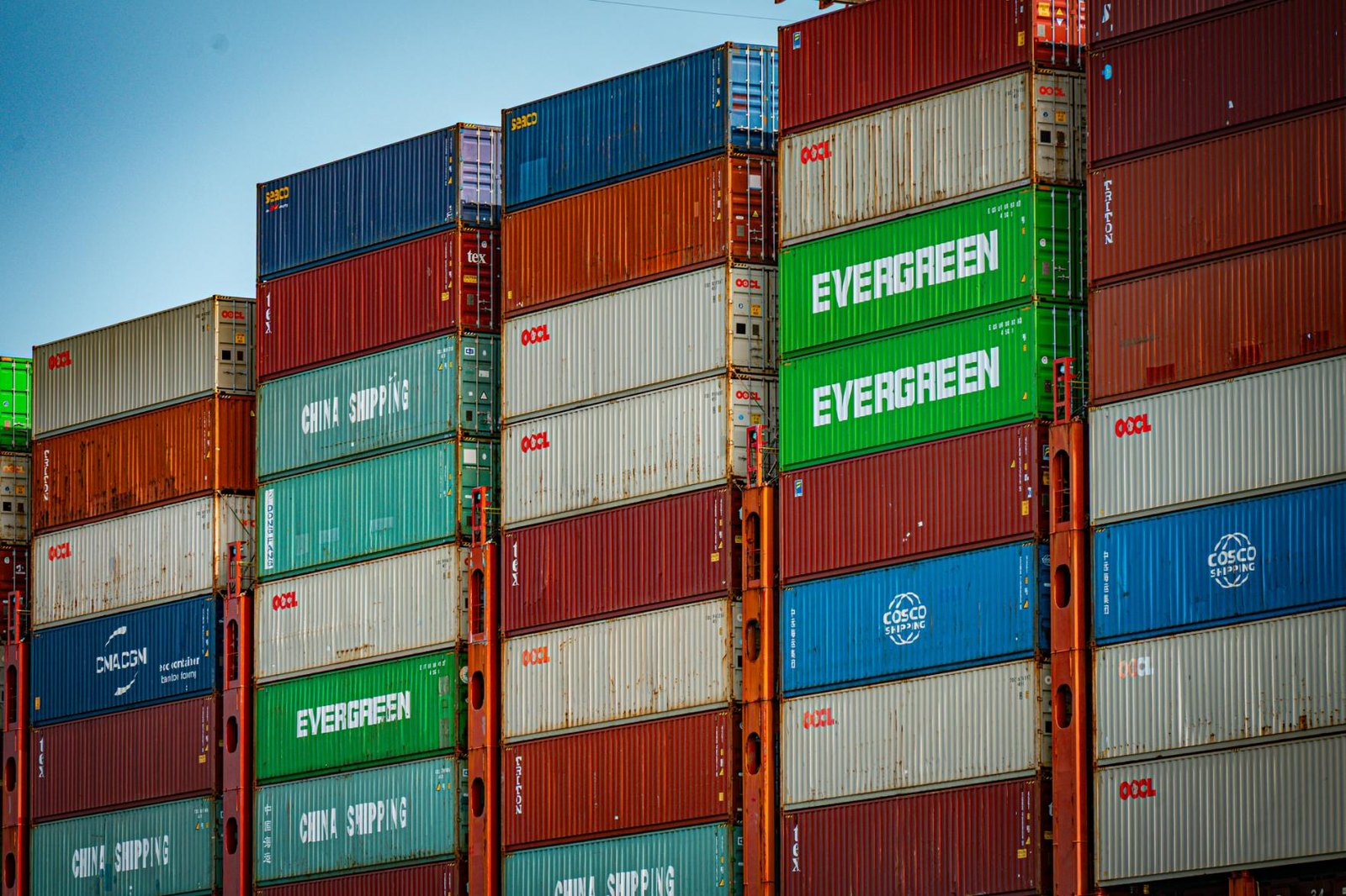 Stacked shipping containers at a Chinese port